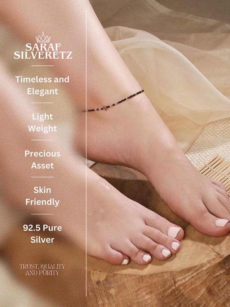 925 Sterling Silver Black Beads Heart Shaped Charms Payal Anklet view 3