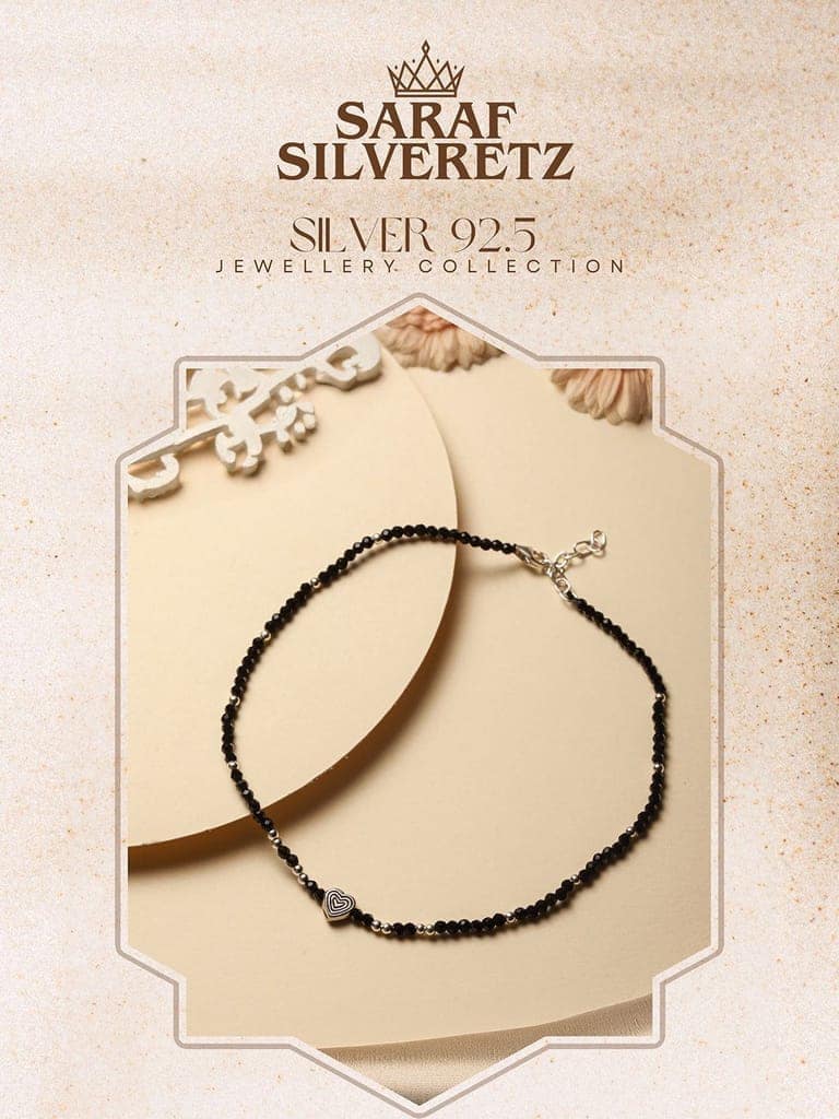 925 Sterling Silver Black Beads Heart Shaped Charms Payal Anklet view 4