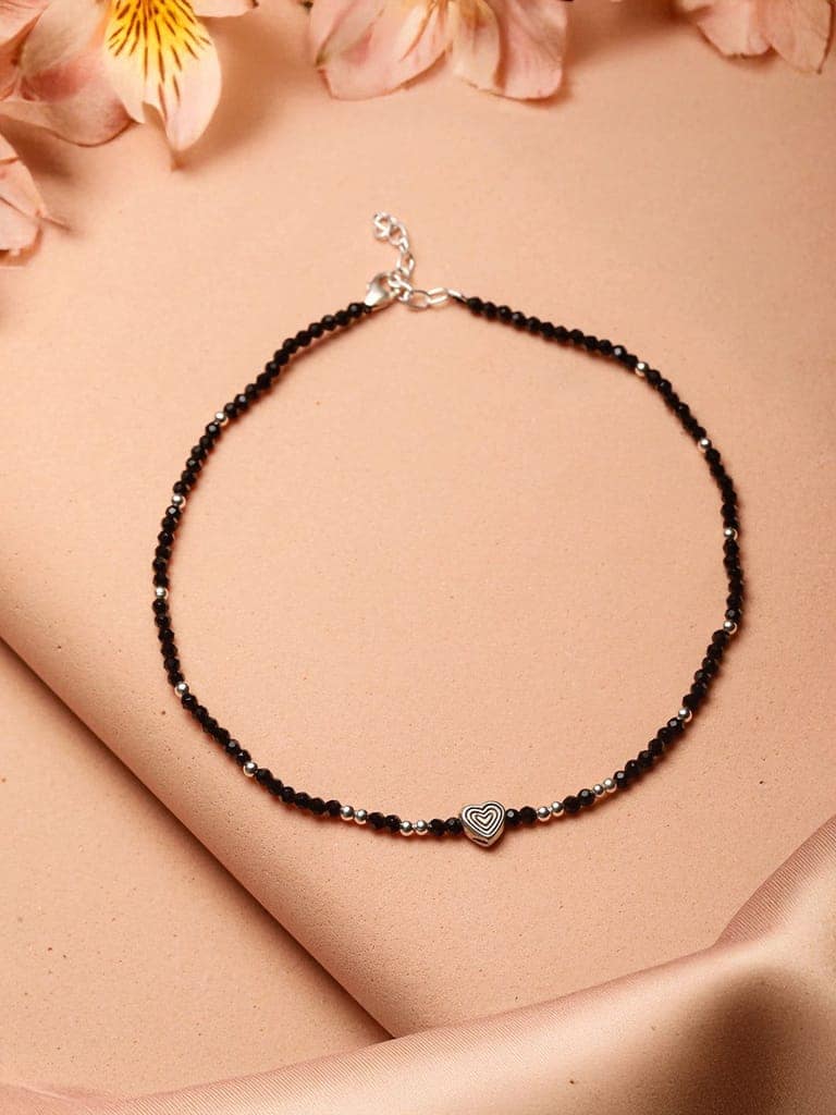925 Sterling Silver Black Beads Heart Shaped Charms Payal Anklet view 6