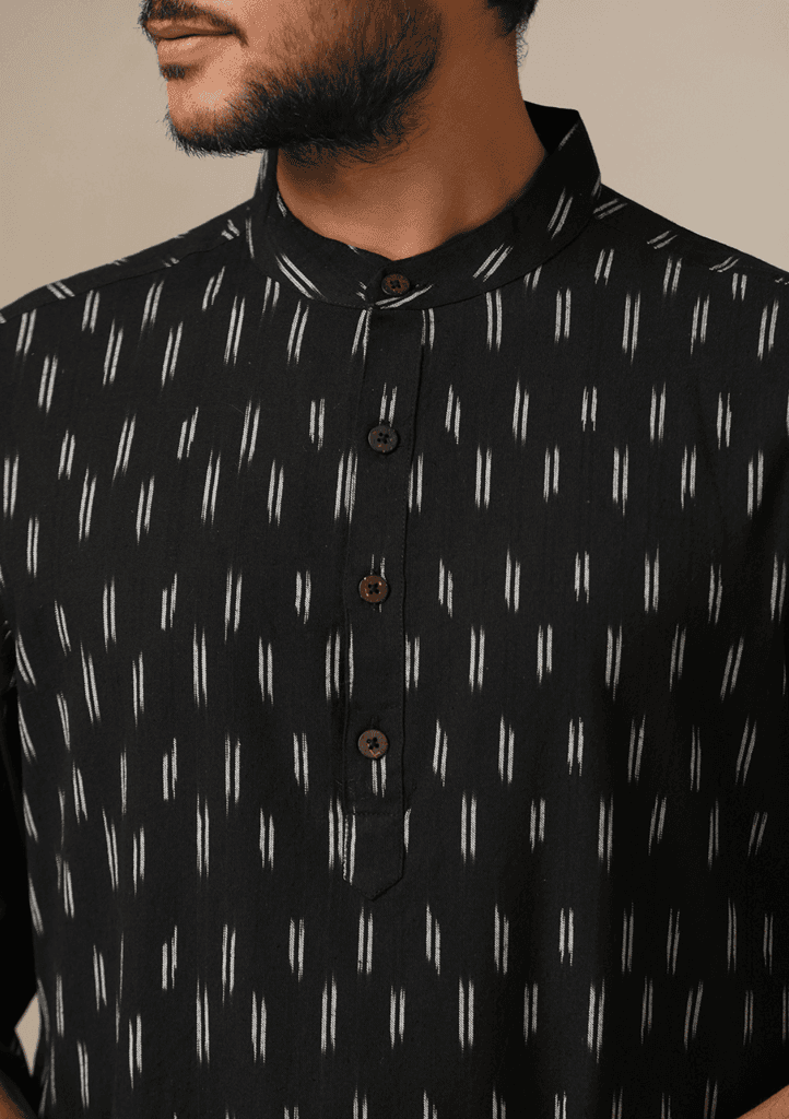 HOC Crafts Ikkat Cotton Solid Men's Short Kurta - Black view 2