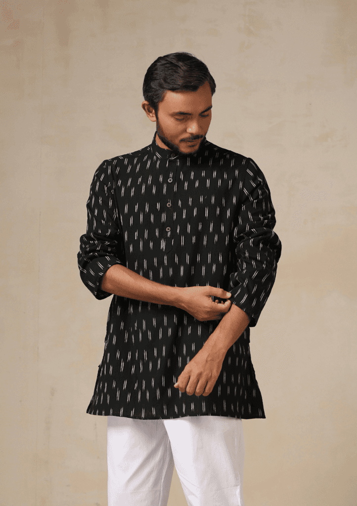HOC Crafts Ikkat Cotton Solid Men's Short Kurta - Black view 4