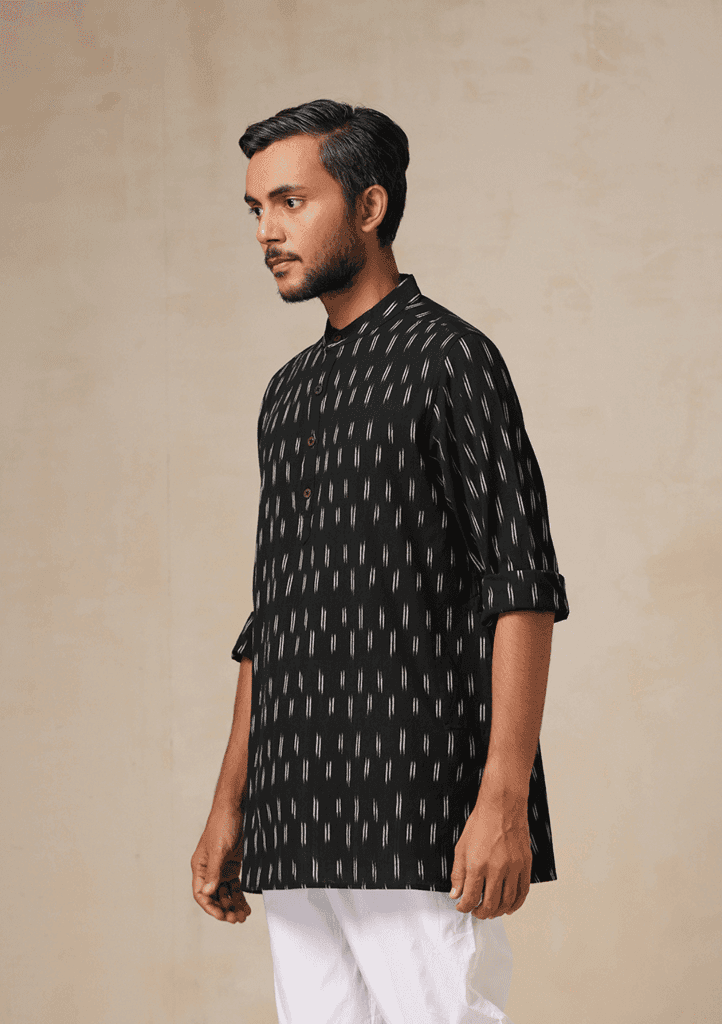 HOC Crafts Ikkat Cotton Solid Men's Short Kurta - Black view 5