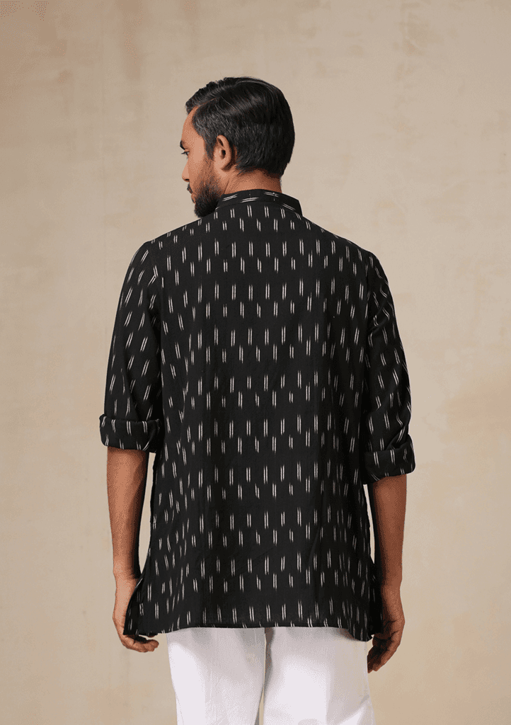 HOC Crafts Ikkat Cotton Solid Men's Short Kurta - Black view 6