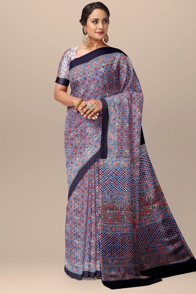 Black Ajrakh Hand Block Printed Modal Silk Saree with Floral and Geometrical Print SKU-BS10147