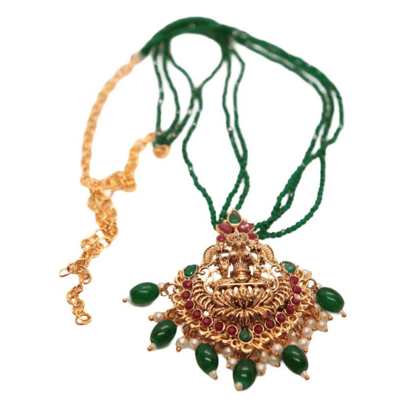 Gold-plated traditional Indian temple pendant necklace set with green beads and pearls