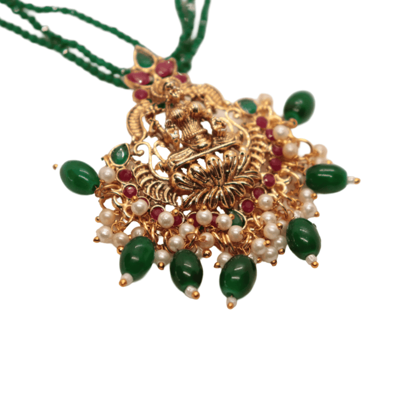 Gold-plated traditional Indian temple pendant necklace set with green beads and pearls view 3