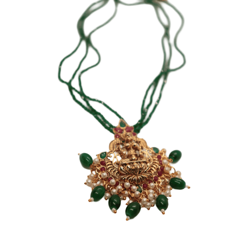 Gold-plated traditional Indian temple pendant necklace set with green beads and pearls view 4