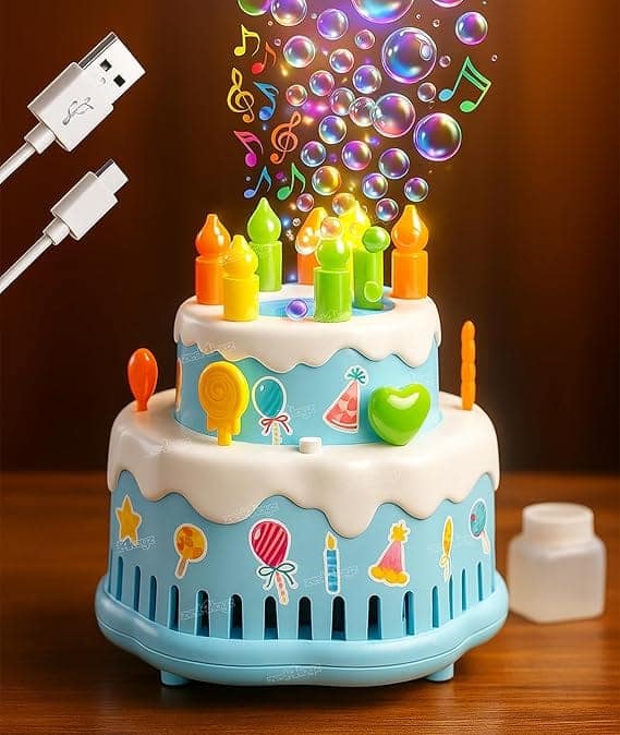 Zest 4 Toyz Bubble Cake Toy for Kids Bubble Machine with Colorful Lights & Stickers Rechargeable Bubble Blower Sings Happy Birthday Song Gift for Boys and Girls Age 3+ Multicolor