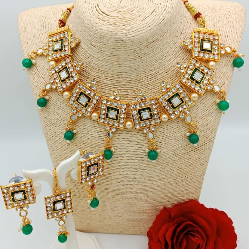 Ethnic Bridal Gold Plated Green Meenakari necklace set with earings and maangtika.
