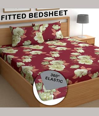 CG HOMES Poly Cotton Floral Fitted 1 Bedsheet with 2 Pillow Covers ( Double Bed ) - Red
