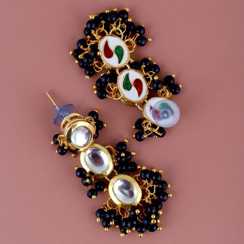 LUCKY JEWELLERY Back Meenakari 18k Gold Plated Black Color Tika Earring Combo Uncut Big Faux Kundan Choker Necklace set (796-J5SK-1811-BL) view 5