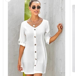 White V-neck Button Down Dress