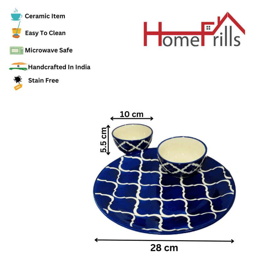 Homefrills Stoneware Blue Moroccan Hand-Painted Full Size Ceramic Dinner Plate/ Thali with 2 Katoris/ Ceramic Bowl(3 Pieces set, Serving for 1,Dishwasher Safe,Microwave Safe)Colour- Blue view 2