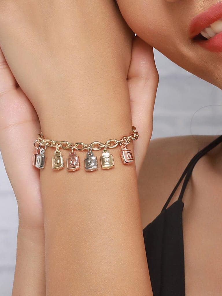 Anti-Tarnish Gold Plated Engraved Lock Charms Allover Wraparound Bracelet view 3