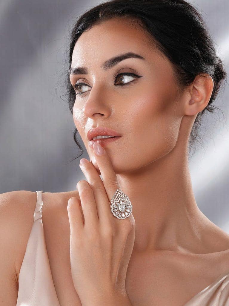 White Rhodium Toned Zircon Studded Adjustable Designer Cocktail Wedding Finger Ring view 5