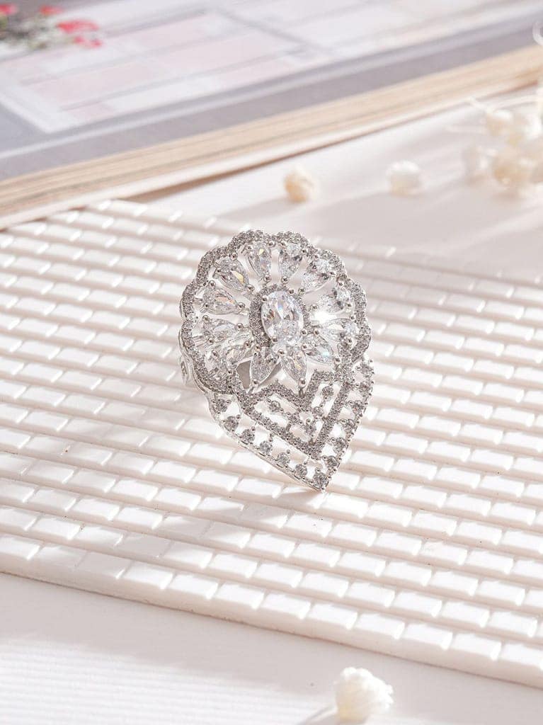 White Rhodium Toned Zircon Studded Adjustable Designer Cocktail Wedding Finger Ring view 9