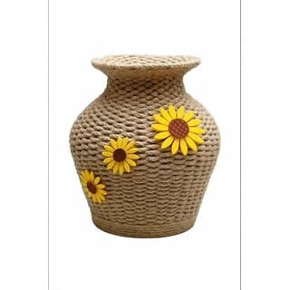 Rustic Jute Vase with Sunflower Decorations, Natural Rope Textured Flower Pot.