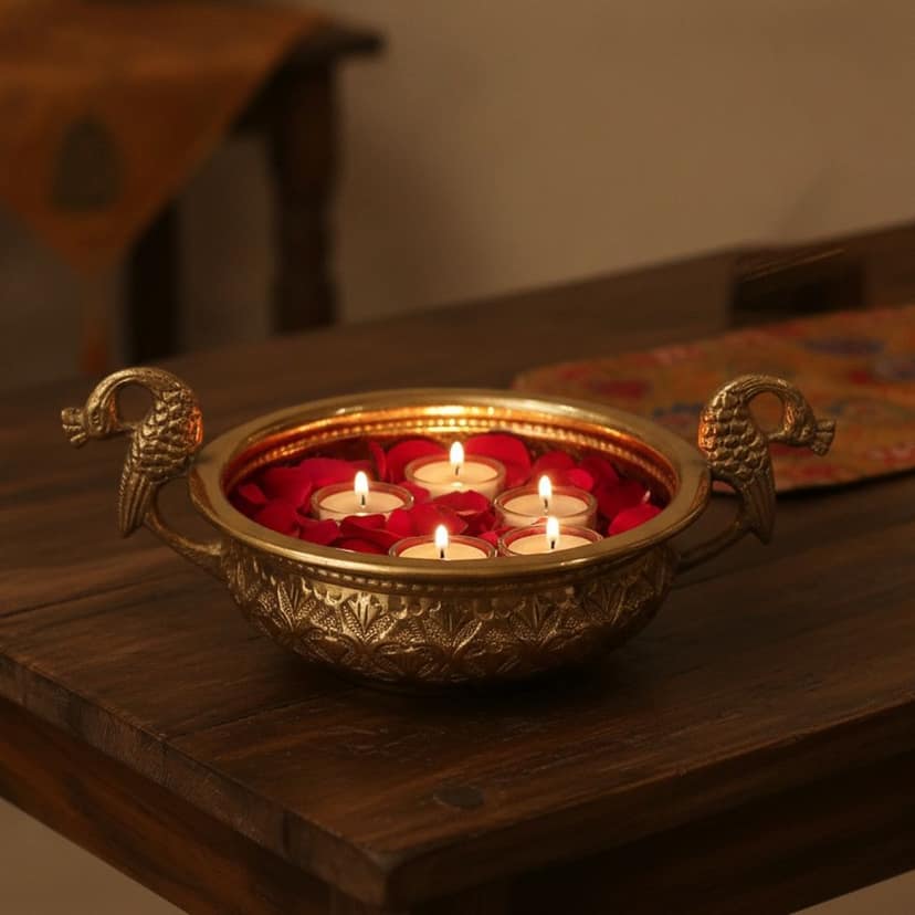 Brass Peacock Design Urli Bowl | Decorative Brass Urli | Peacock Diya Urli for Home Decor & Diwali, Height : 3.5 Inch (ATMAS091 B)