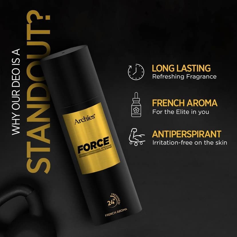 Archies FORCE Premium Spray Deodorant | Long-Lasting Fresh & Sporty Aroma with High Perfume Concentration Deo | Perfect for Gym & Sports Wear | 200 ML | French Aroma | 24 Hours Freshness (Pack of 2) view 4