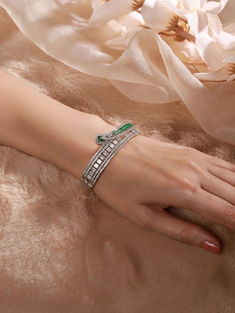 Silver Plated Green AD Studded Contemporary Designer Bridal Kada Bracelet view 2