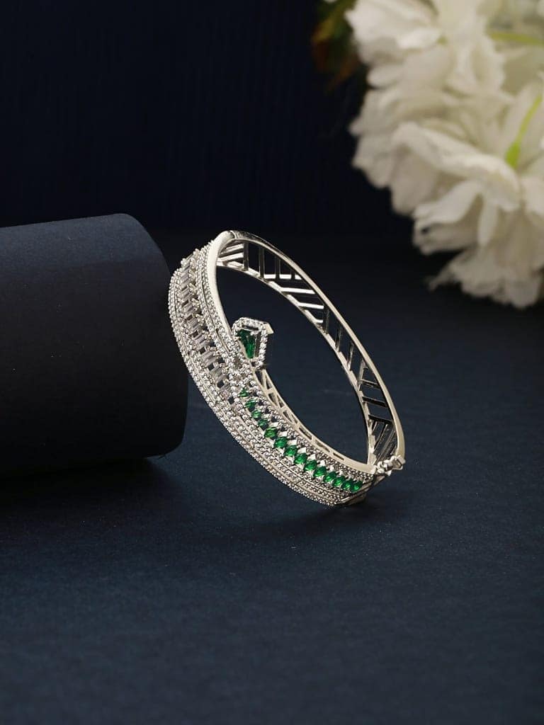Silver Plated Green AD Studded Contemporary Designer Bridal Kada Bracelet view 4