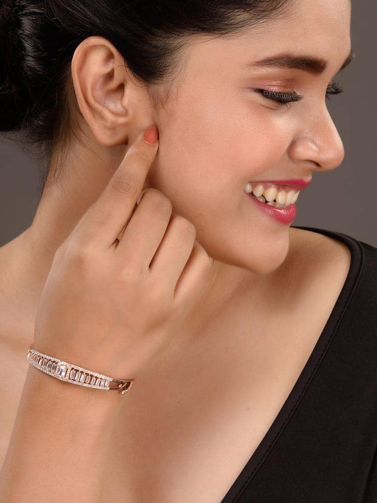 Rose Gold Plated White Ad Studded Designer Bangle Bracelet view 3
