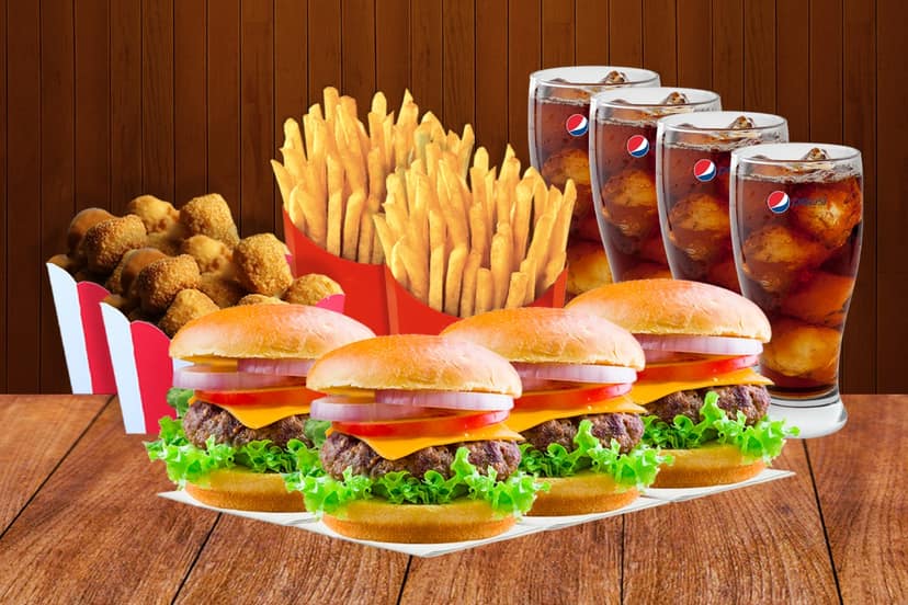 4 lamb burger+2 fries+2 chicken popcorn+2 pepsi
