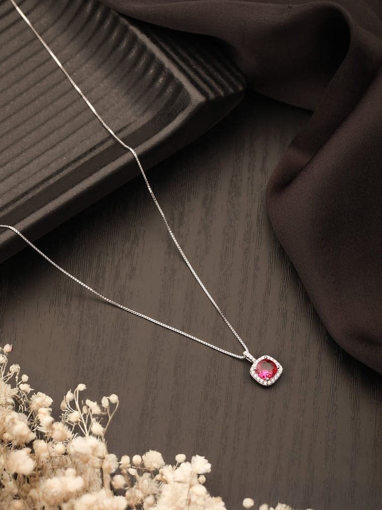 925 Sterling Silver Ruby Red Zircon Square Halo Love Pendant Necklace & Chain