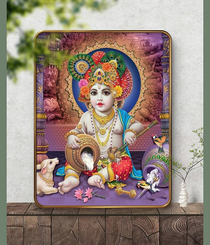 SAF Bal Krishna Wall Painting with Butter Pot | Golden Frame Sparkle Laminated MDF Art | Baby Kanha Ji Poster for Home Temple Pooja Room | Janmashtami Spiritual Decorative Gift view 2