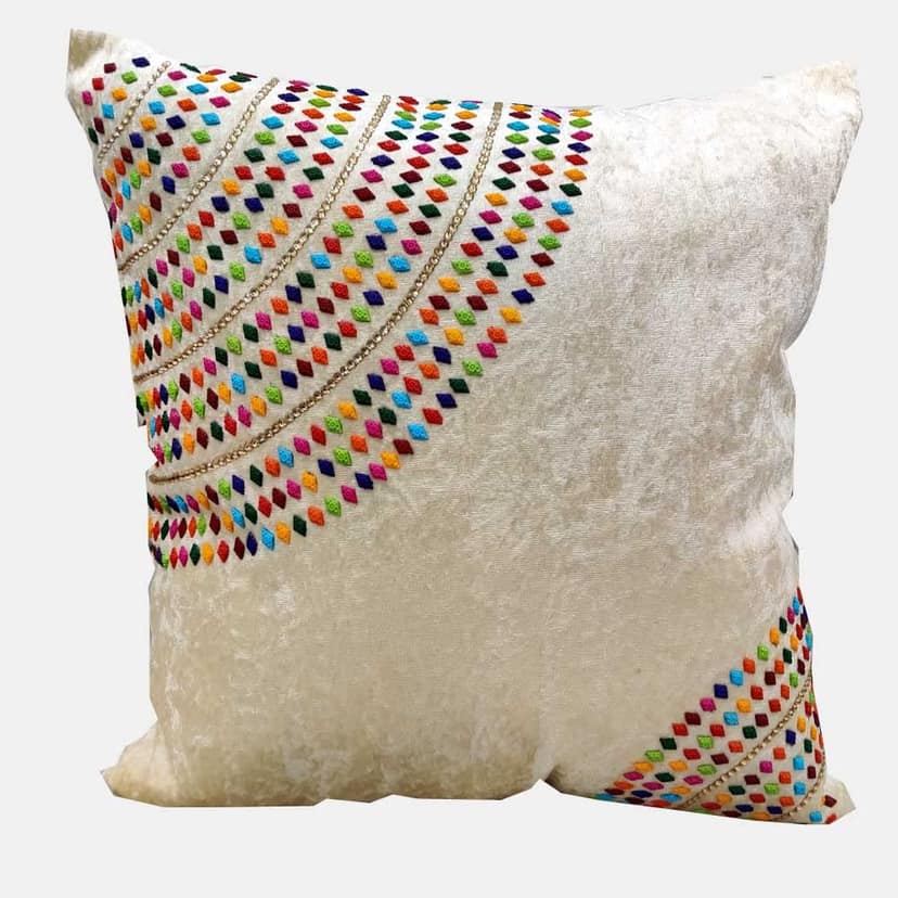 Suede Cream Off White Multicolor Brown Tan Set of 5 Ethnic Beaded Embroidered Square Combo Cushion Covers for Sofa Home Bedroom (16x16 inch or 40 x 40 cm) view 4