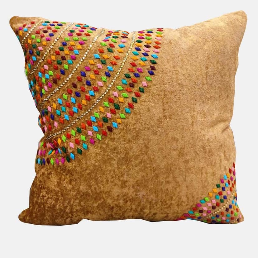 Suede Cream Off White Multicolor Brown Tan Set of 5 Ethnic Beaded Embroidered Square Combo Cushion Covers for Sofa Home Bedroom (16x16 inch or 40 x 40 cm) view 5