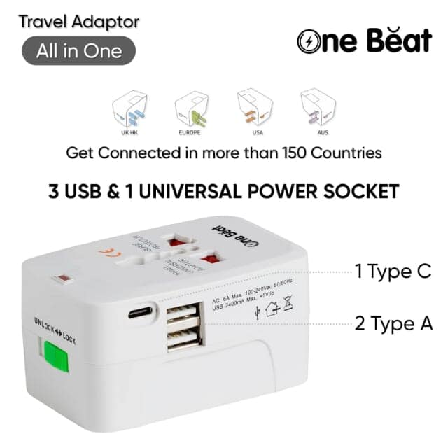 One Beat Worldwide All in One Universal Travel Adapter 1 Type C, 2 USB A Ports International Plug Adapter for Cell Phones, Tablets, Camera: White view 4