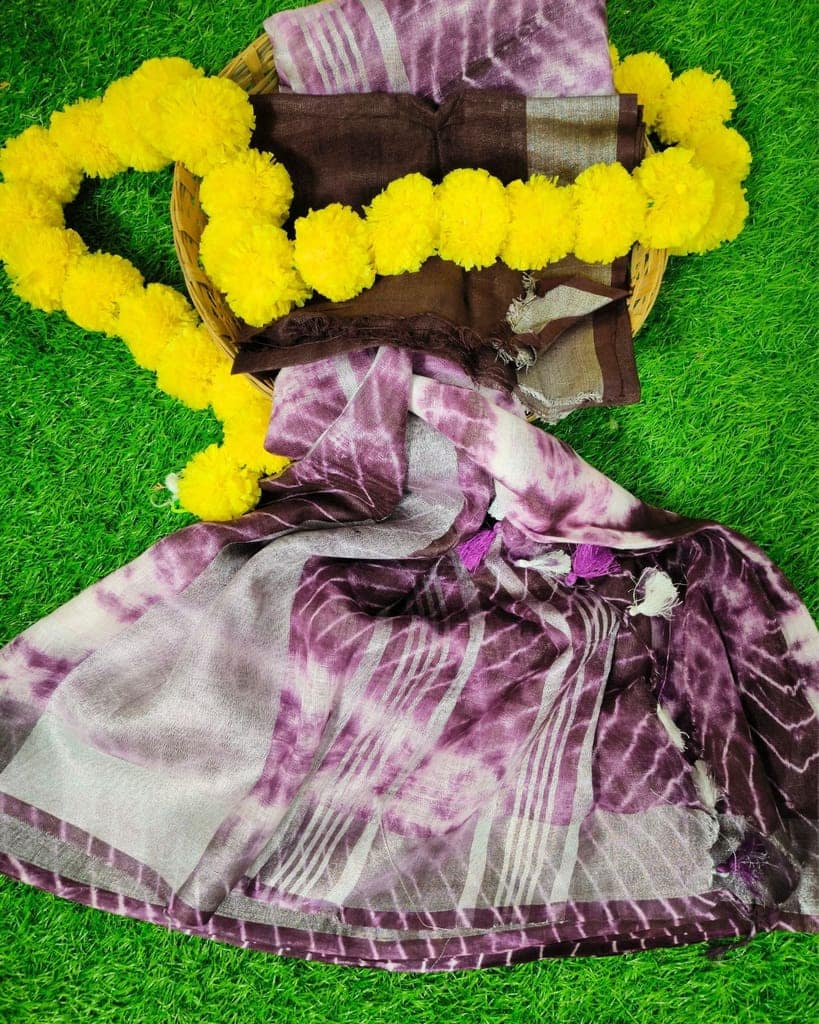 Linen Shibori Hand Dyed Saree Dark Purple Color with Blouse-1011 view 2