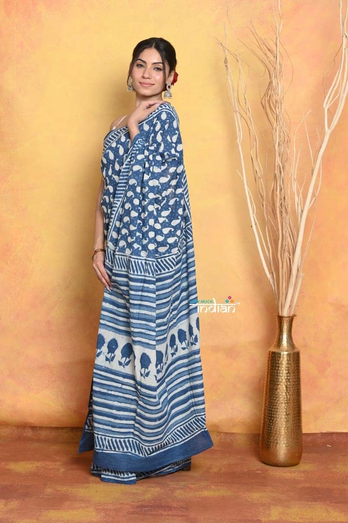 Mastaani ~ Handblock Printed Cotton Saree With Natural Dyes - Blue view 2
