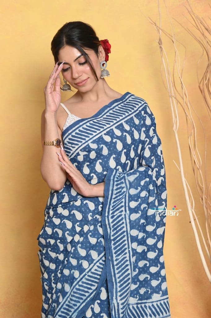 Mastaani ~ Handblock Printed Cotton Saree With Natural Dyes - Blue view 4