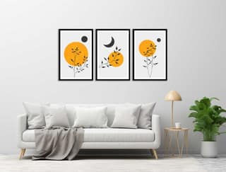 SET OF 3 ABSTRACT SUN AND MOON PRINTS 48in X 24in WITH BLACK FRAME