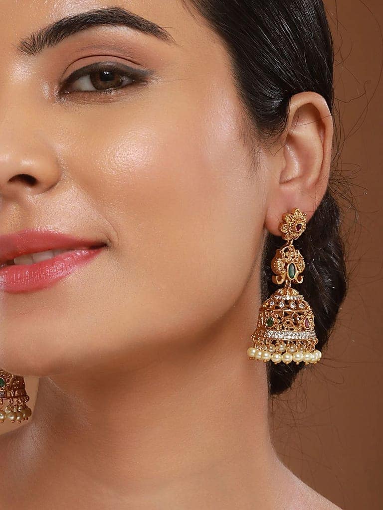 Antique Gold Polish Zircon Studded Pearl Beaded Floral Dangling Earring view 4
