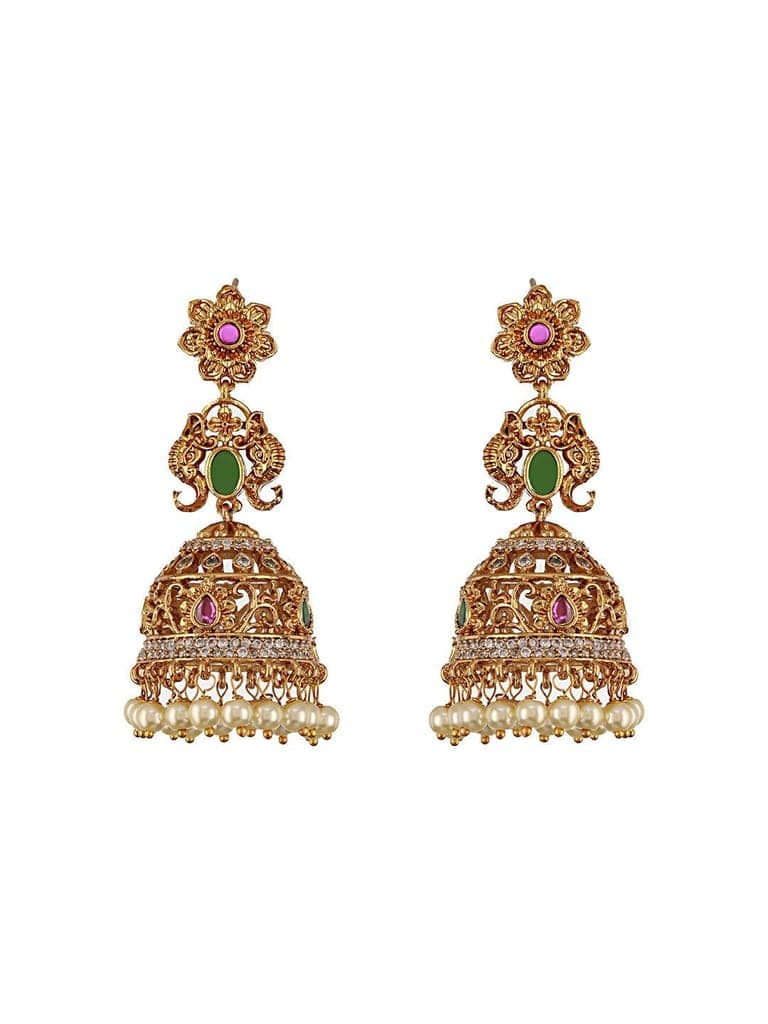 Antique Gold Polish Zircon Studded Pearl Beaded Floral Dangling Earring view 5