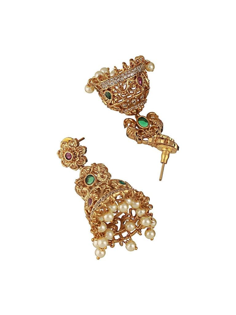 Antique Gold Polish Zircon Studded Pearl Beaded Floral Dangling Earring view 6