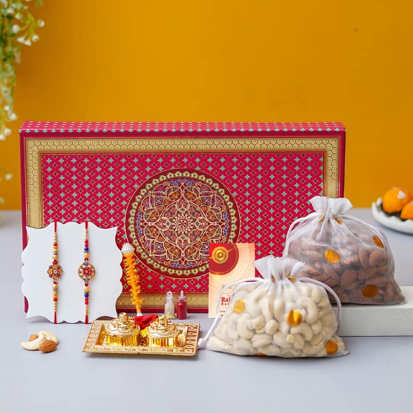 Signature Rakhi Gift Hamper Family Combo (Almond+Cashew+Roli Moli set+4 Rakhis+Greeting Card)