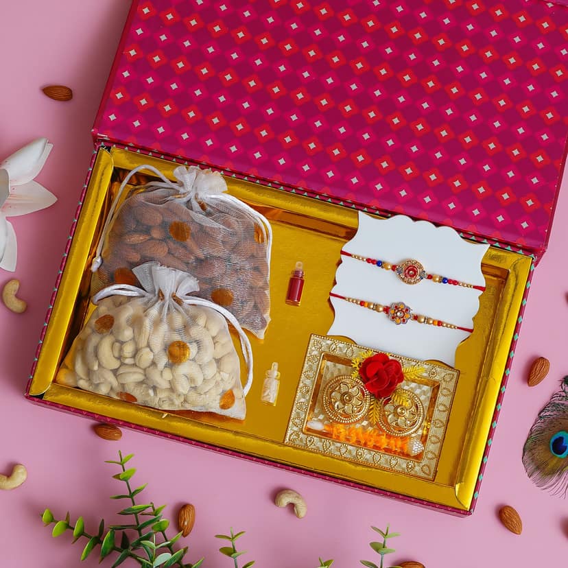 Signature Rakhi Gift Hamper Family Combo (Almond+Cashew+Roli Moli set+4 Rakhis+Greeting Card) view 3