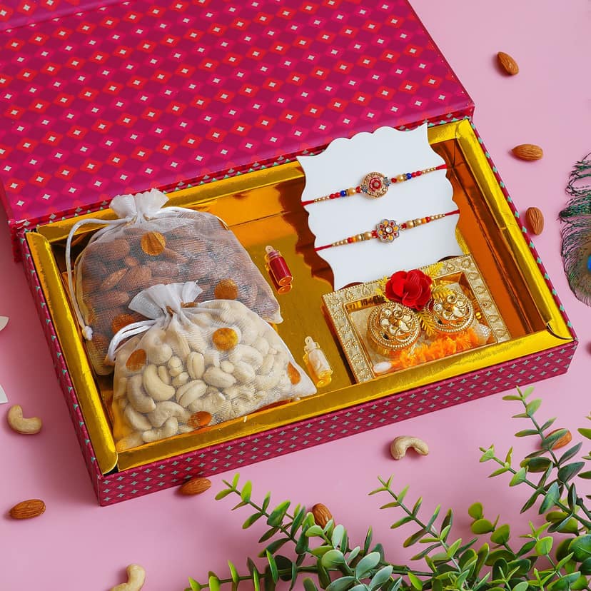Signature Rakhi Gift Hamper Family Combo (Almond+Cashew+Roli Moli set+4 Rakhis+Greeting Card) view 4