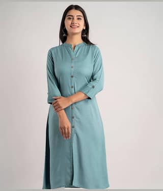 MAUKA - Turquoise Rayon Women's Front Slit Kurti ( Pack of 1 )