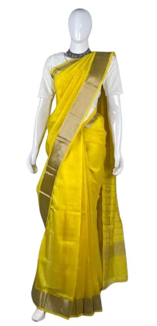 Mangalgiri Marigold Yellow Cotton Silk Saree Temple Border