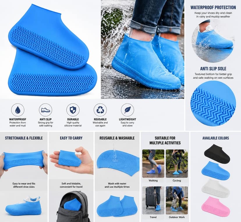 Silicone Waterproof Shoe Covers Reusable Rain Boots for Outdoor Activities Lightweight Foldable Non Slip Shoe Protectors for Rainy Days Gardening and Travel Large | Randomly Assorted view 4