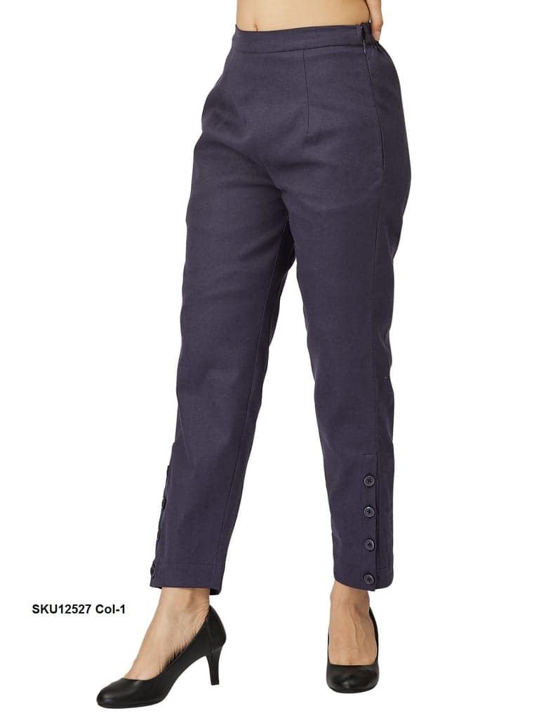Stylish Blue Cotton Trousers for Women with Button Detail view 7
