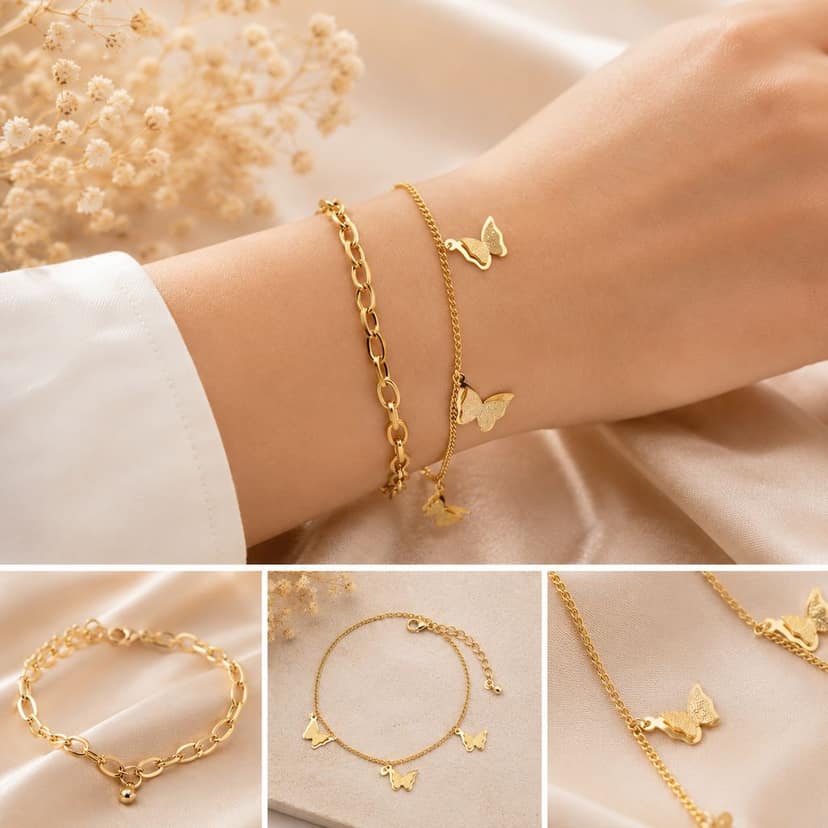 Elegantra 18K Gold Plated Double Layered Butterfly Charm Bracelet for Women & Girls | Anti-Tarnish Trendy Korean Minimalist Aesthetic Daily Wear Wrist Jewelry view 2