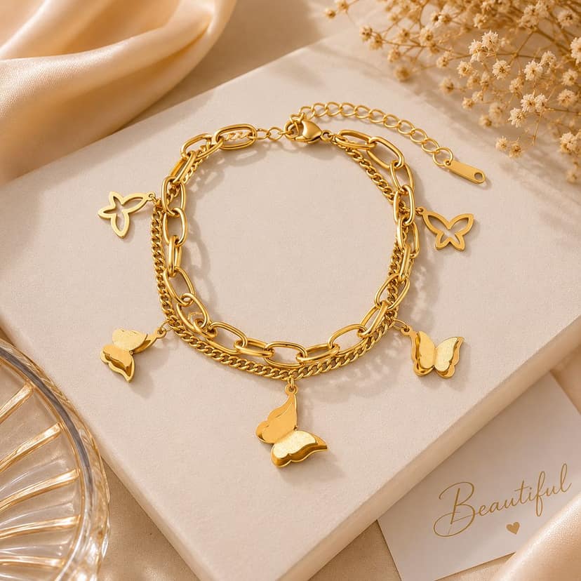 Elegantra 18K Gold Plated Double Layered Butterfly Charm Bracelet for Women & Girls | Anti-Tarnish Trendy Korean Minimalist Aesthetic Daily Wear Wrist Jewelry view 3