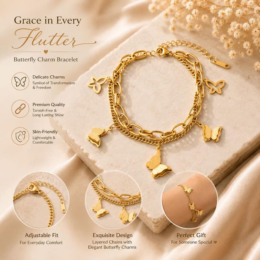 Elegantra 18K Gold Plated Double Layered Butterfly Charm Bracelet for Women & Girls | Anti-Tarnish Trendy Korean Minimalist Aesthetic Daily Wear Wrist Jewelry view 4