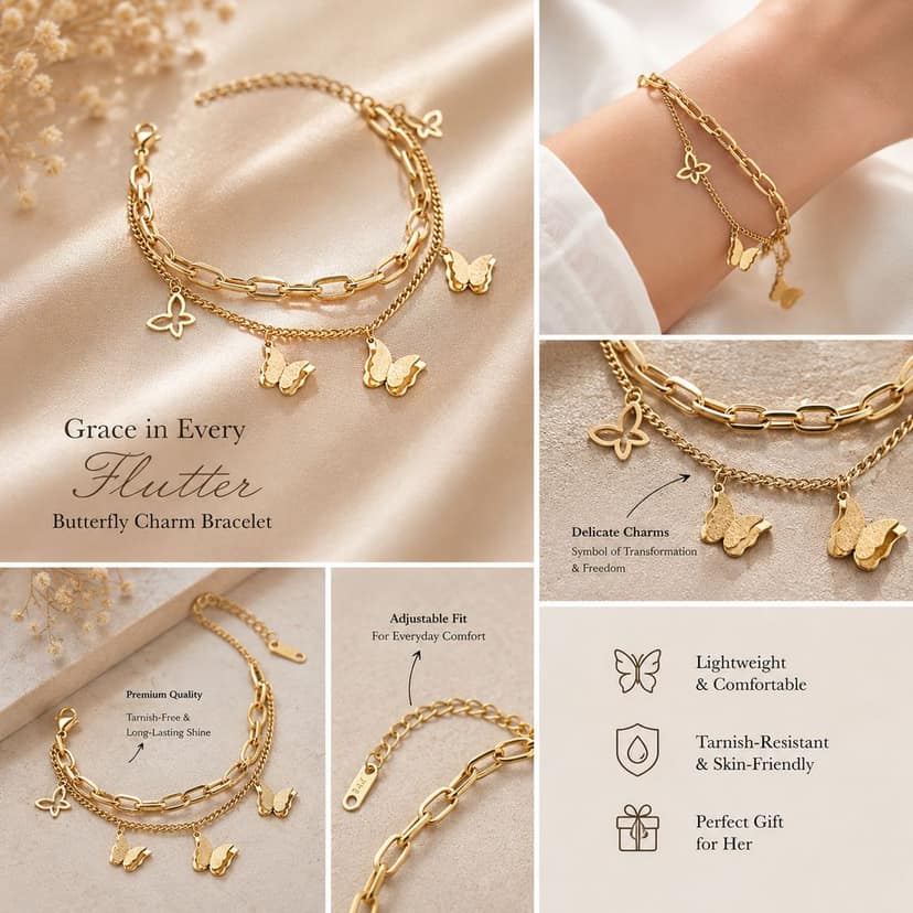 Elegantra 18K Gold Plated Double Layered Butterfly Charm Bracelet for Women & Girls | Anti-Tarnish Trendy Korean Minimalist Aesthetic Daily Wear Wrist Jewelry view 5